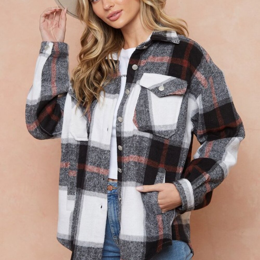 NEW SHACKET FLANNEL PLAID JACKET SHIRT black/white SM-LG bohemian western wear